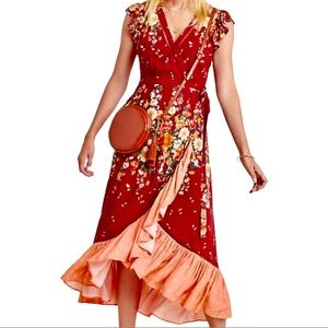 NWT ANTHROPOLOGIE Farm Rio Tesorina Burgundy Floral Wrap Dress, Size XS